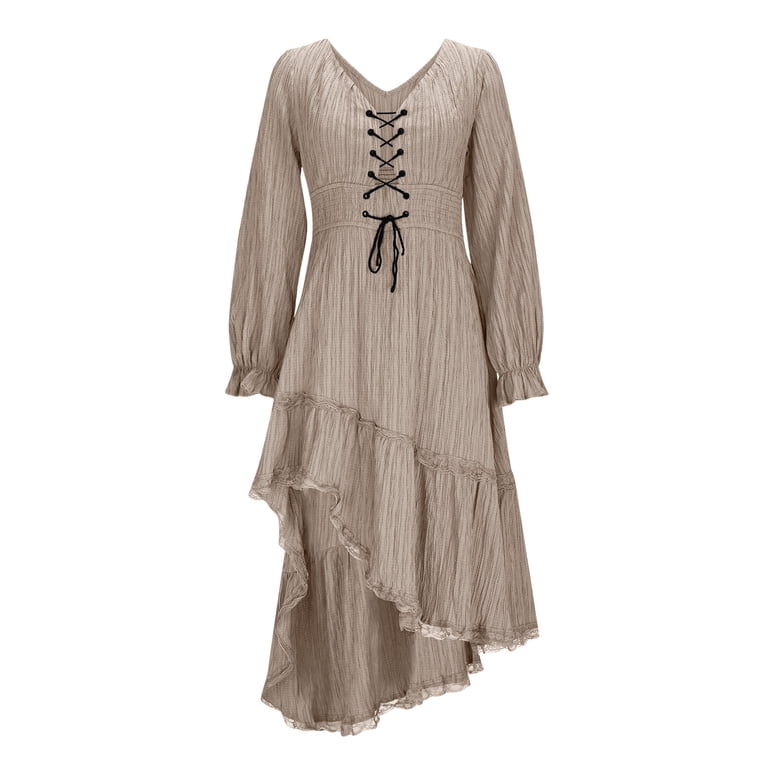 Lcziwo Vintage Western Dress for Women Halloween Cowgirl Midi Sundress V  Neck Long Sleeve Plain Dresses Casual Ruffed Summer 2025 Outfits Khaki,XXL  - Walmart.com