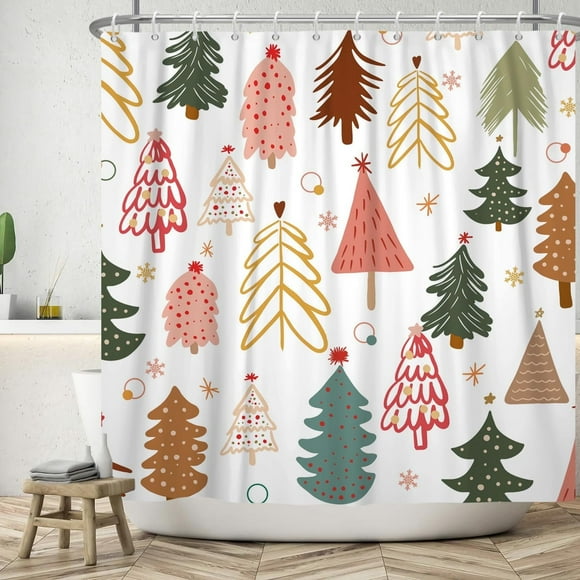 Rideau de Douche Arbres de Noël Boho Abstrait Rideaux de Douche Style Mi-Siècle Flocons de Neige Ensembles de Rideaux de Douche pour Salle de Bain Extra Long 72x84 Po avec 12 Crochets