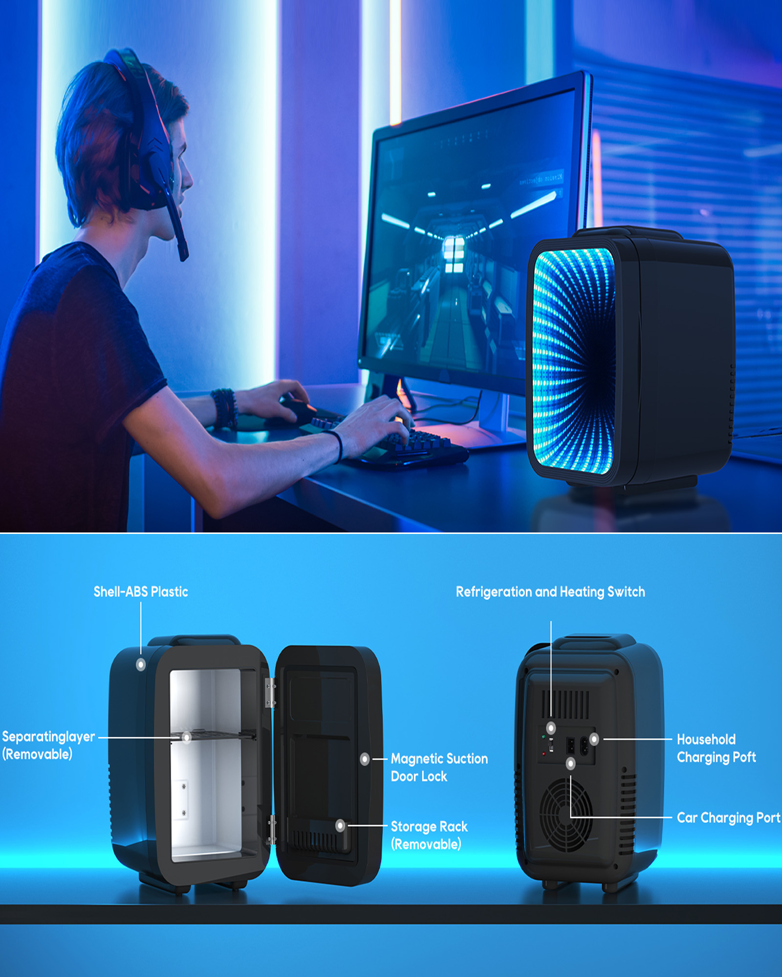 Aisutha Mini Fridge, 4 Liter/6 Cans Small Refrigerator With 6 Colorful Dimmable LED Light,Portable Cooler and Warmer mini fridge for Gaming room, Bedroom,Office and Car (Black)
