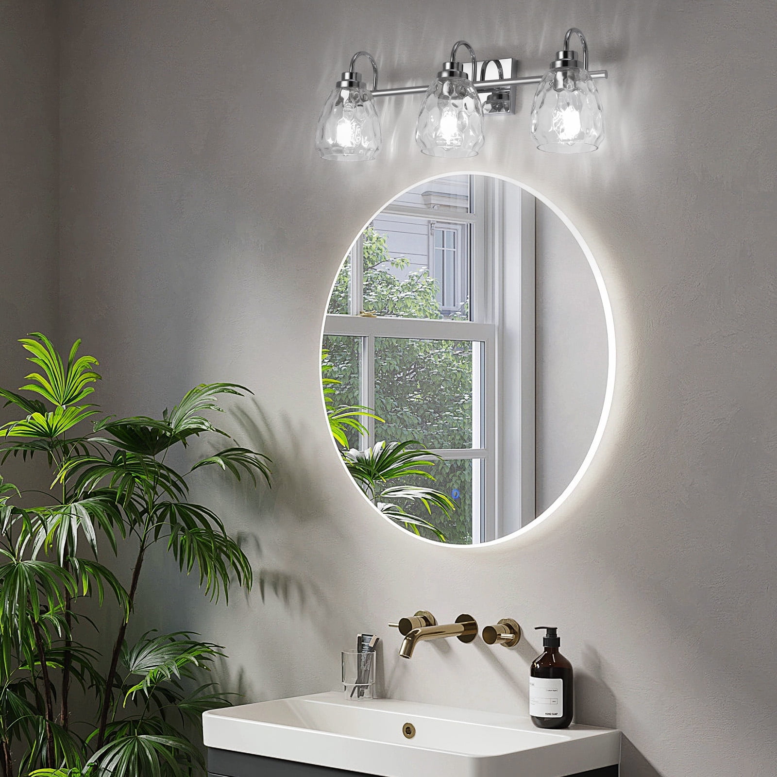 3/4/5/6 Light Bathroom Light Fixtures, Chrome Vanity Light Fixtures Over Mirror Wall Mount Lighting Fixture with Hammered Glass Shade E26 Socket for Hallway Kitchen Bedroom Living Room