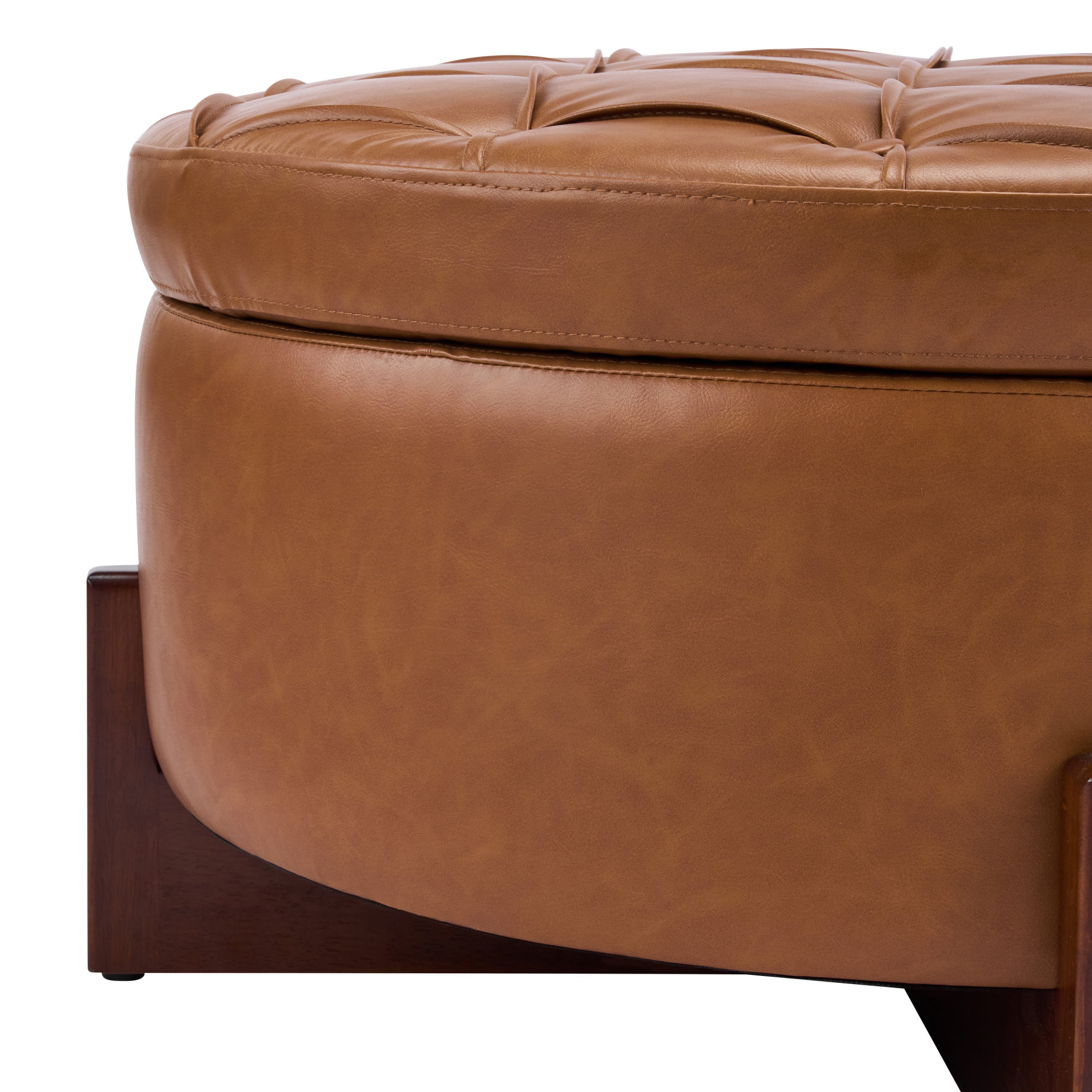 Christopher Knight Home Round Storage Ottoman with Reversible Lid, Tufted Leather Coffee Table, Brown