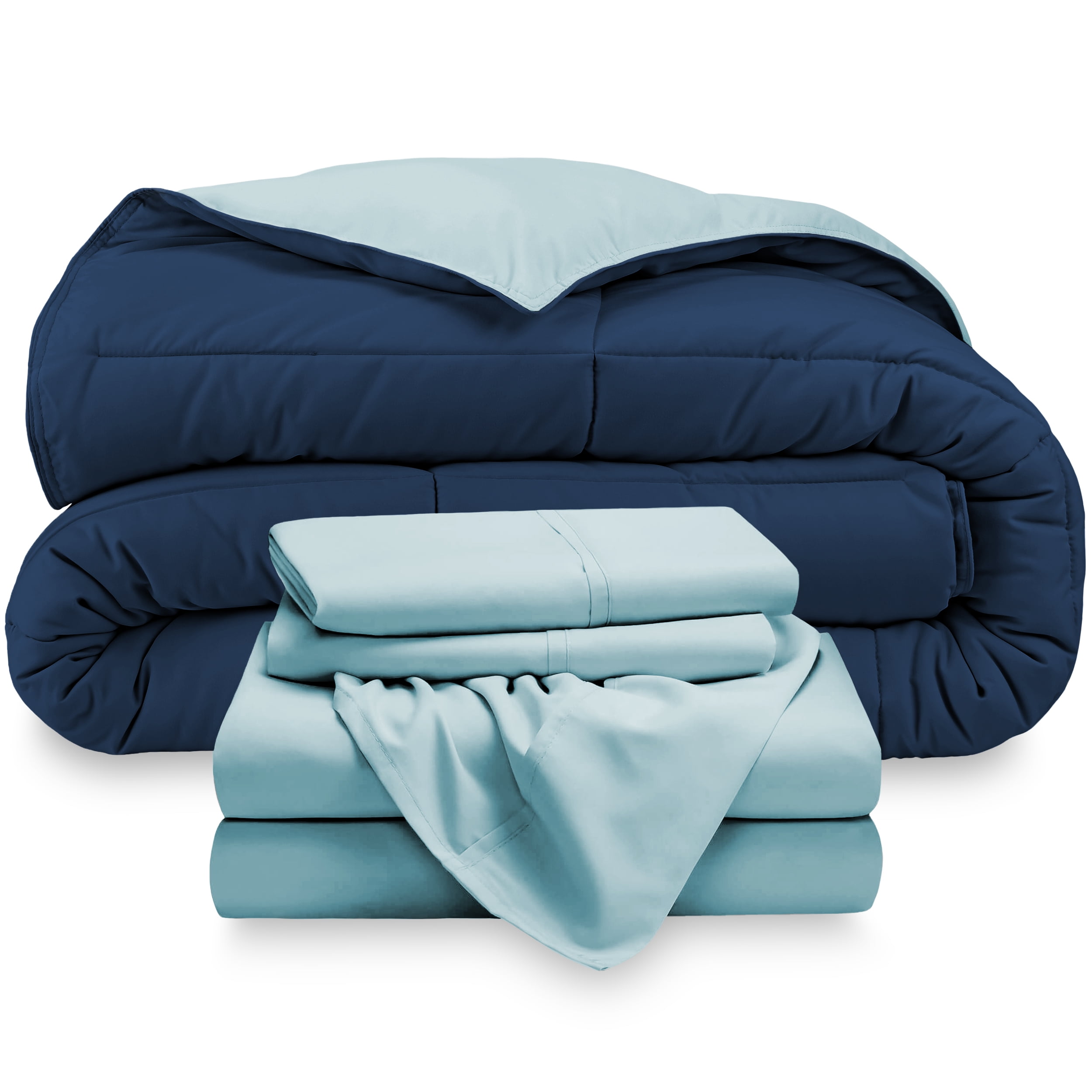 Bare Home Microfiber 5-Piece Dark Blue/Light Blue Comforter, Light Blue Sheet Set Reversible Bed in a Bag, Queen
