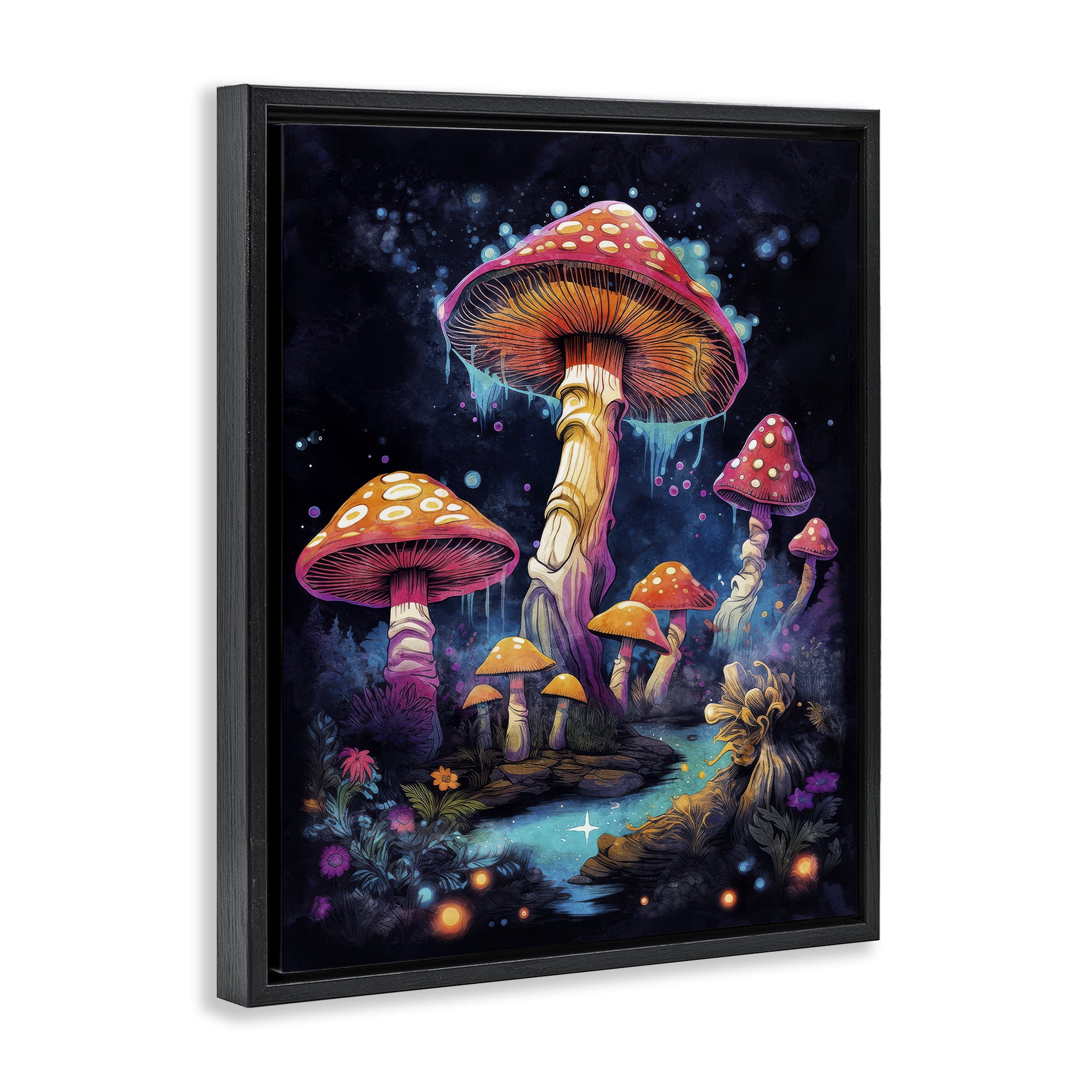 Stupell Industries Psychedelic Mushroom Scene Landscape & Nature Painting Black Floater Framed Canvas Art Print Wall Art, 17 x 21