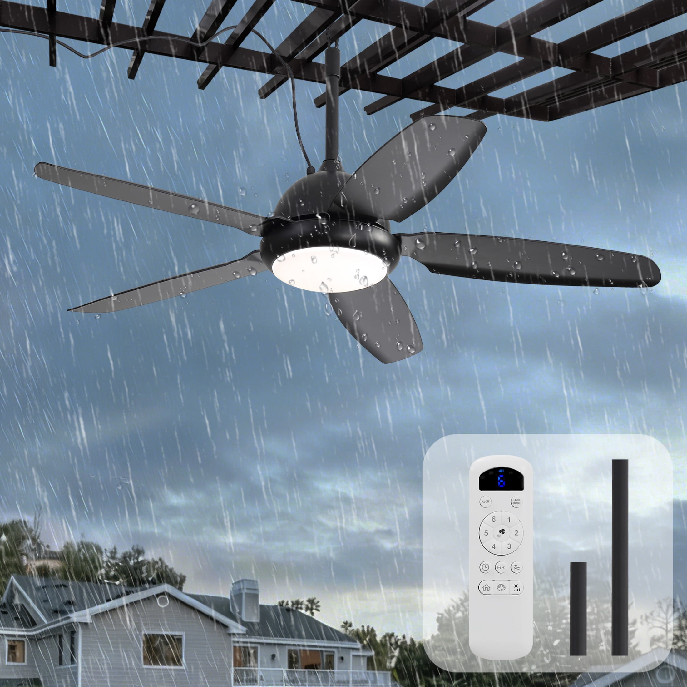 Sofucor 52" Modern Outdoor Ceiling Fan with Light and Remote Control 6-Speed DC Motor, 3 Color Temperatures, Weather-Resistant for Outdoor, Black