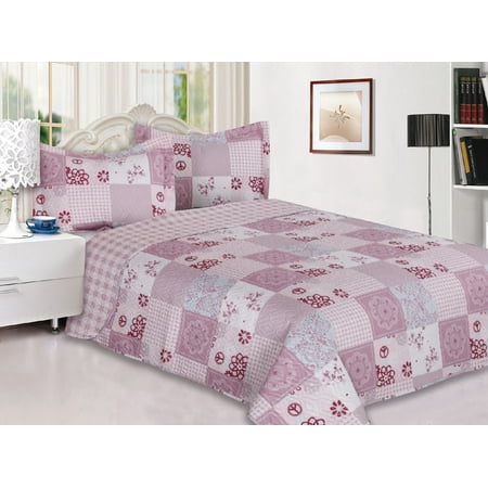 3-Piece Reversible Quilted Printed Bedspread Coverlet Pink Flower Patchwork - Full (Best Quilts And Coverlets)
