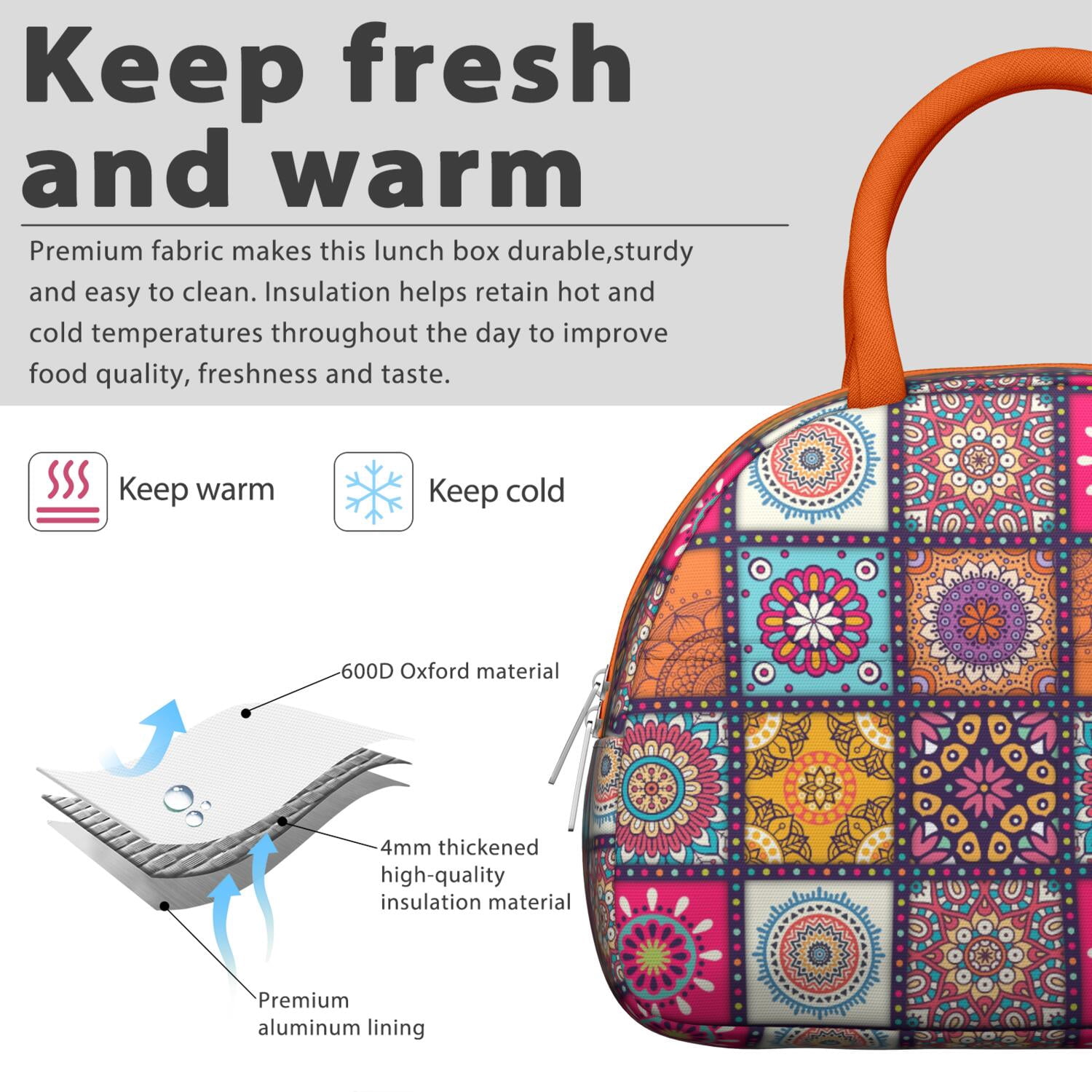 Rustic Bohemian Lunch Tote for Women, Ethnic Style Insulated Lunch Bag with Retro Hippie Patterns, Reusable Leakproof Cooler for Office or Picnic Use