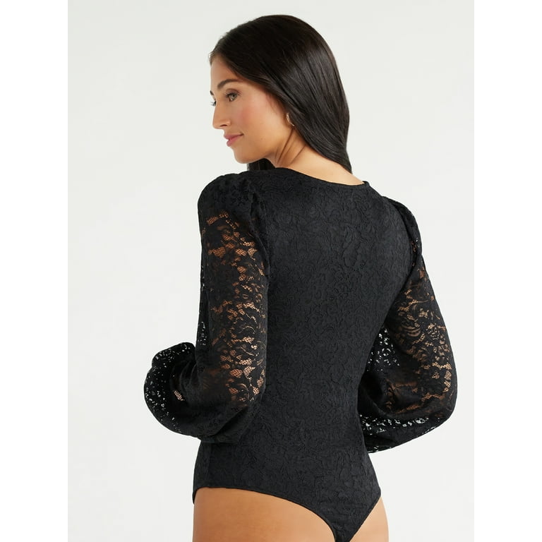 Sofia Jeans Women's Lace Bodysuit with Blouson Sleeves, Sizes XS-3XL 