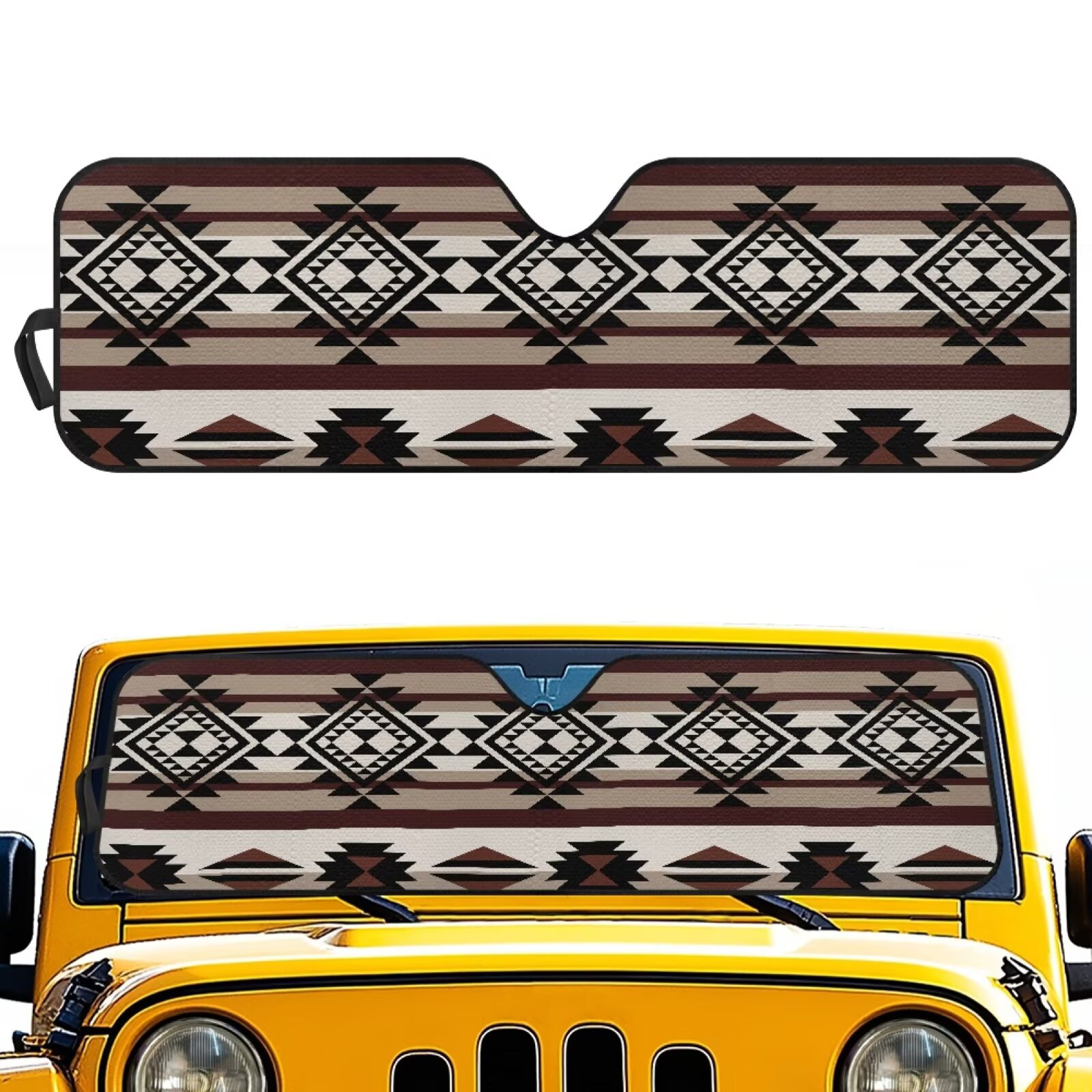 Uorisanigo Windshield Sun Shade for 2018-2024 Jeep Wrangler JL JLU & Gladiator JT-Blocks UV Rays Brown Aztec Ethnic Sunshades Heat Shield, Car Sun Shade Keep Your Vehicle Cool