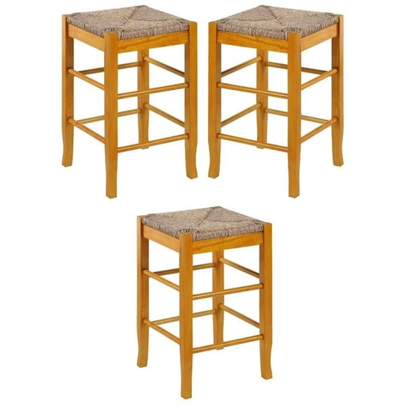 Home Square Square Rush 24" Stationary Counter Stool in Oak - Set of 3