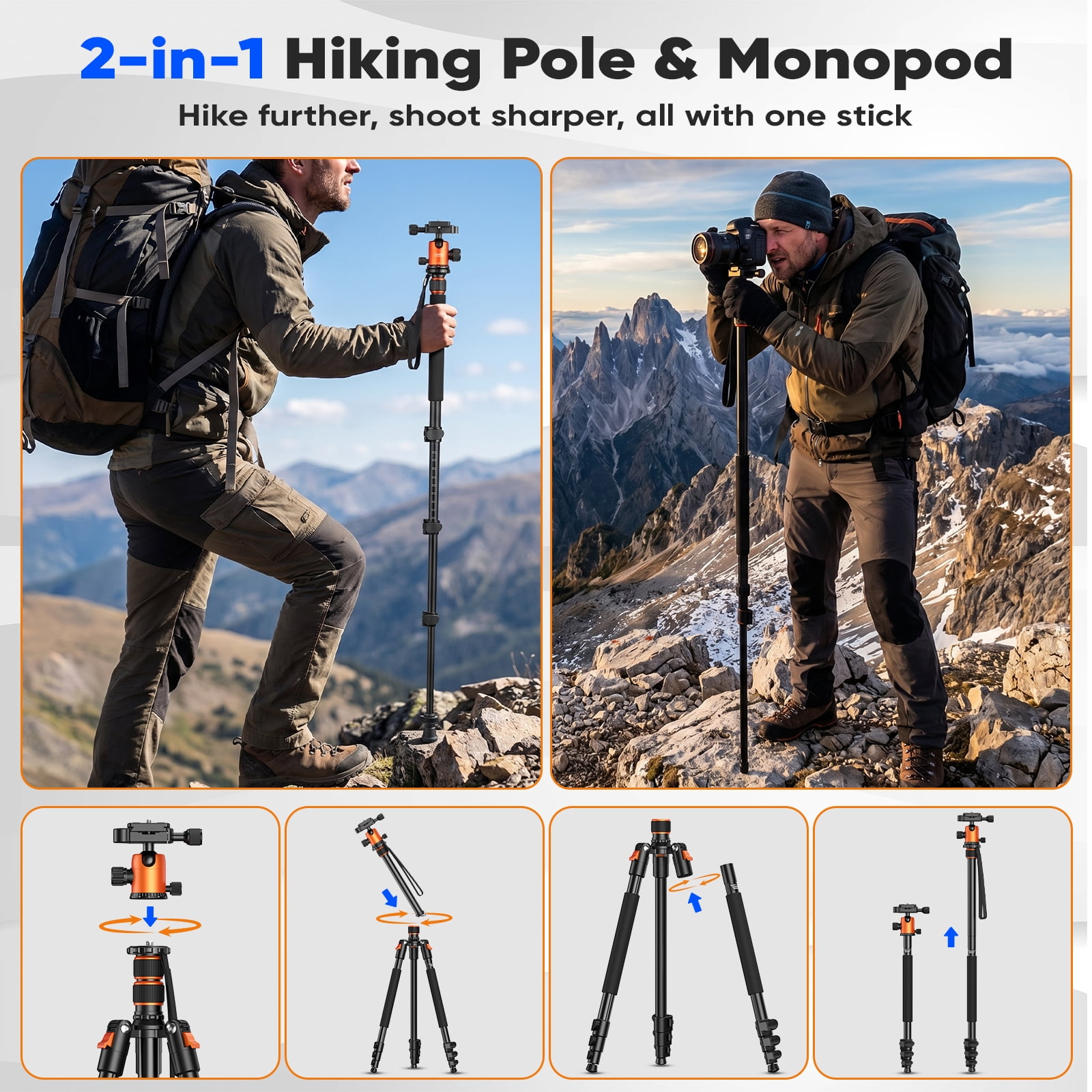 BEBANG 67" Camera Tripod for DSLR Cameras, Aluminum Travel Tripod with Monopod, 360° Ball Head, 17.6lb Load Capacity, Lightweight DSLR Tripod