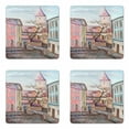 thumbnail image 1 of Landscape Coaster Set of 4, Watercolored Effect Street with Paved Stones Rocks Tower Houses People Rural Art, Square Hardboard Gloss Coasters, Standard Size, Multicolor, by Ambesonne, 1 of 2