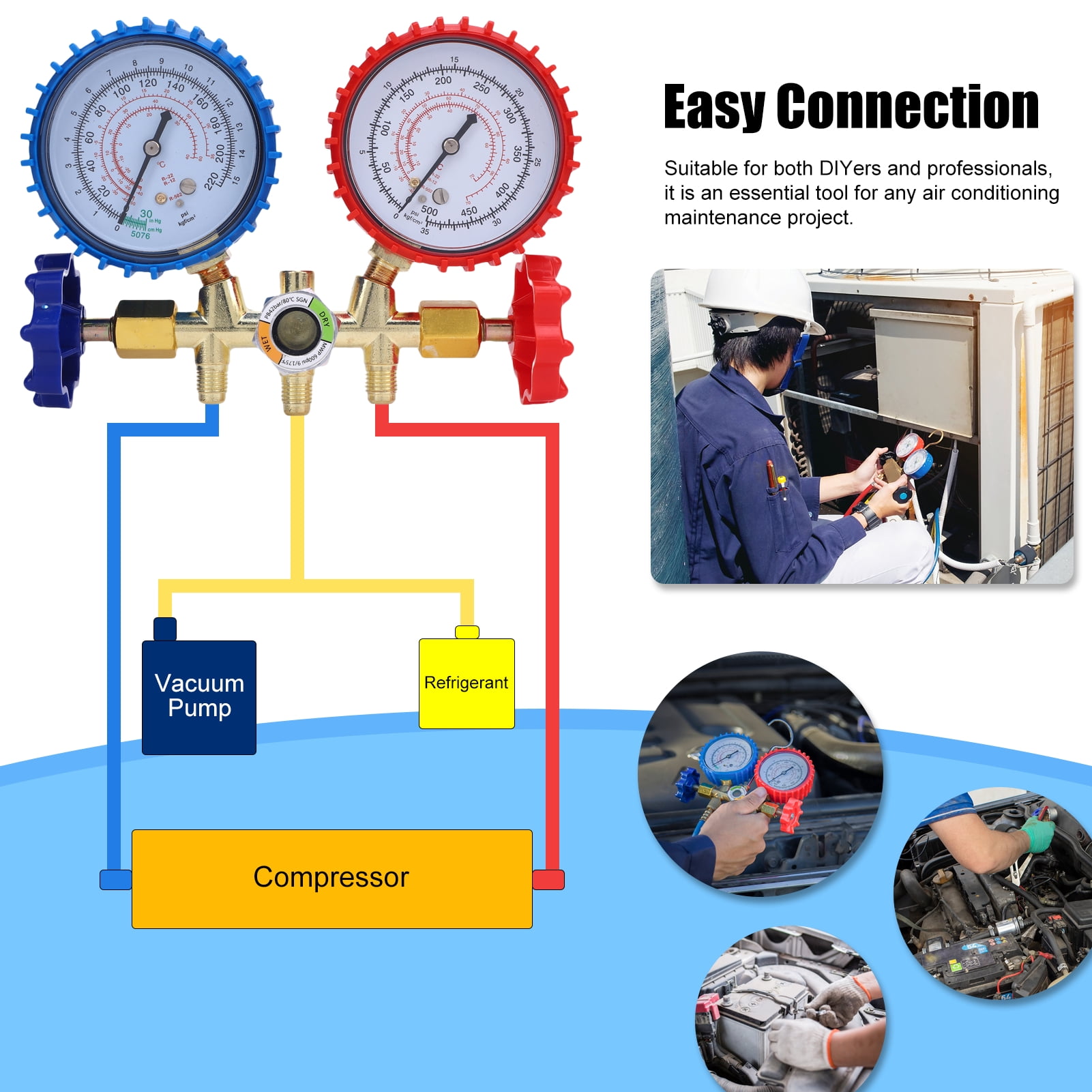 CACAGOO Ac Manifold Gauge Hose Kit Ac Gauge Set 3 Way AC Manifold Gauge Set For R134A, R410A, R404A Refrigerants, With Quick Couplers, 410 Adapter, Puncturing Can Tap, Valve Core Tool