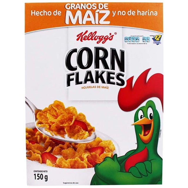 pack de 28 cereal kellogg´s corn flakes de 150g caja frontal con logo Kellogg's, texto grande "CORN FLAKES", gallo verde y rojo a la derecha y tazón con hojuelas de maíz doradas en una cuchara; ideal para desayuno cotidiano y a menudo usado como topping para yogur o bowls de fruta.