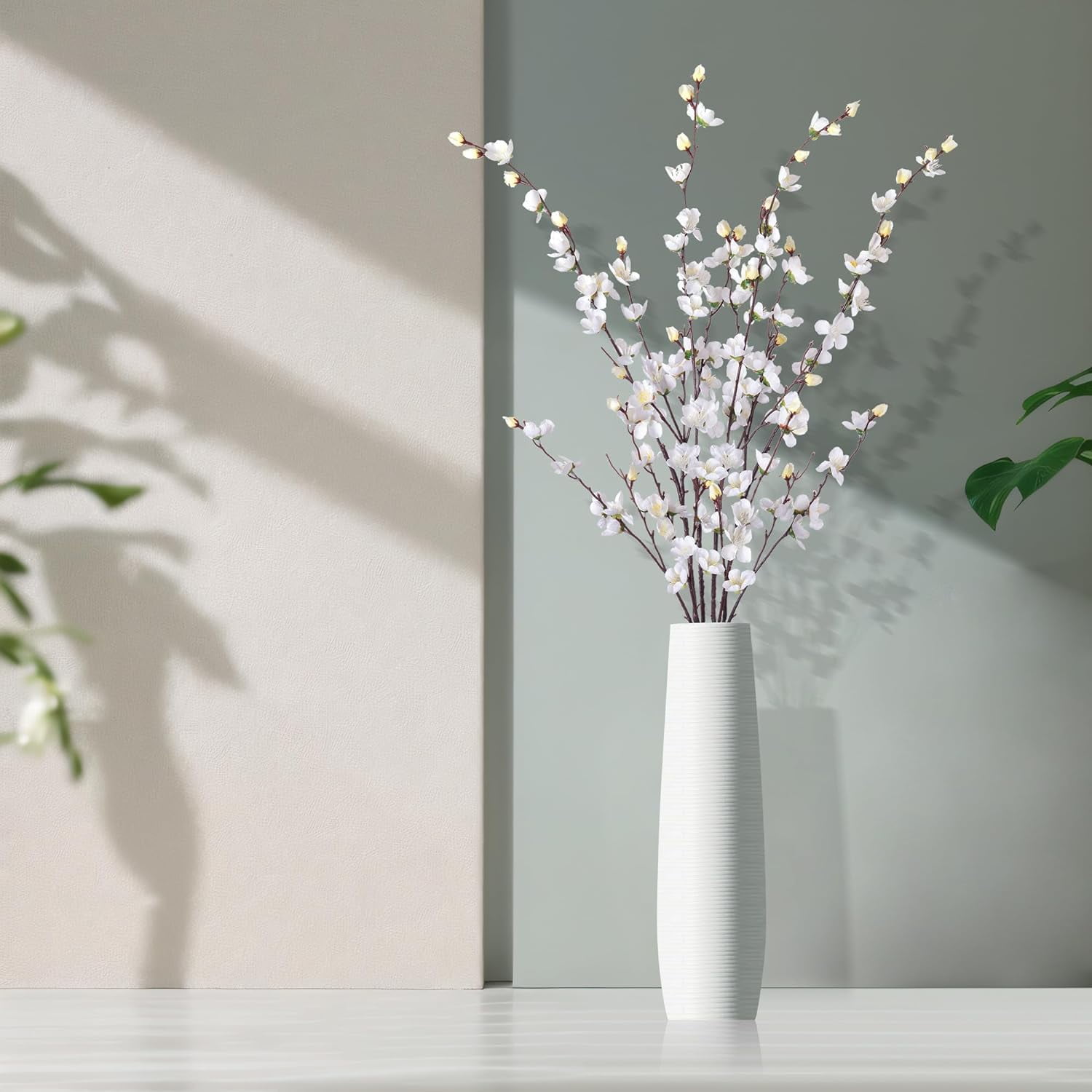Artificial Faux Plants Flowers Indoor Spring Decor，4 Bundles Fake Silk Plum Blossom,Faux Silk Cherry Blossom Branches for Wedding Office Party Hotel Home Decor，Vase Not Included(White)