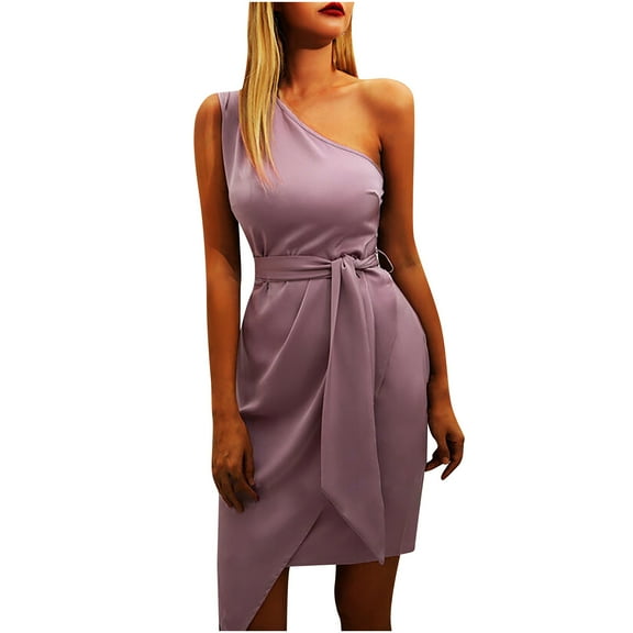 IROINNID Women's Sleeveless Solid Color Sheath Dress Fashion Slanted Shoulder Strap Dress One-Shoulder Knee-Length Dress