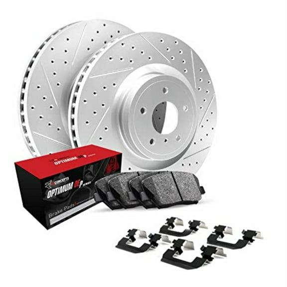 R1 Concepts Drilled and Slotted Carbon Coated Disc Brake Rotor Set with Optimum Oe Pads and Hardware WBUH1-74056