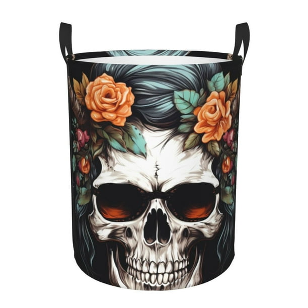 Fotbe Flower Horn Skull Cesto de Ropa con Asas, Cesto Impermeable de Gran Capacidad, Bolsa de Lavado para Dormitorio, Cesto de Ropa con Ruedas y Asas-Small