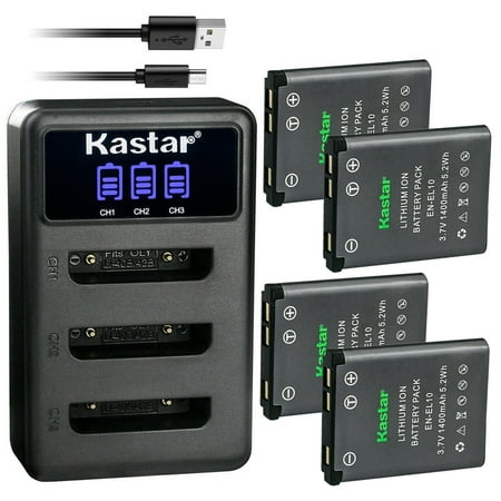 Kastar 4 Pack Battery and LCD Triple USB Charger Compatible with Nikon Coolpix S60 Coolpix S80 Coolpix S200 Coolpix S202 Coolpix S210 Coolpix S220 Coolpix S230 Coolpix S500 Coolpix S510
