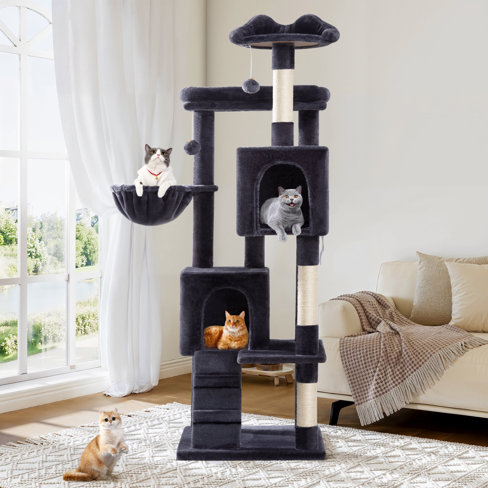 Allewie 64 Inches Cat Tree Tower, Multi-Level Activity Center for Indoor Big Felines, 2 Plush Condos, 2 Perchs, Basket, House, Sisal Scratching Posts, Hanging Cat Toys, Dark Grey