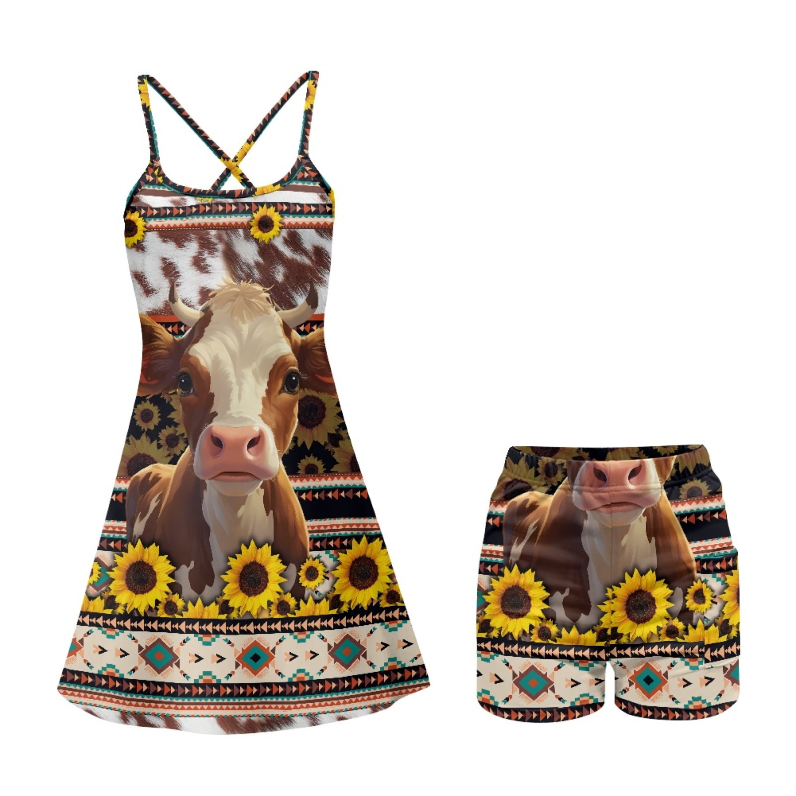Yuyamidu Cow Womens Tennis Dress Built in Shorts Aztec Tribal Summer Exercise Workout Dress with Pockets Slim Fit Golf Athletic Dresses Size L