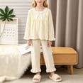 thumbnail image 5 of YunPes Girls Cute Loungewear Set Lace Trim Square-Neck Bubble Crinkle Blouse and Ruffle Pants Kids Soft Lightweight Spring Fall Outfits, 5 of 6