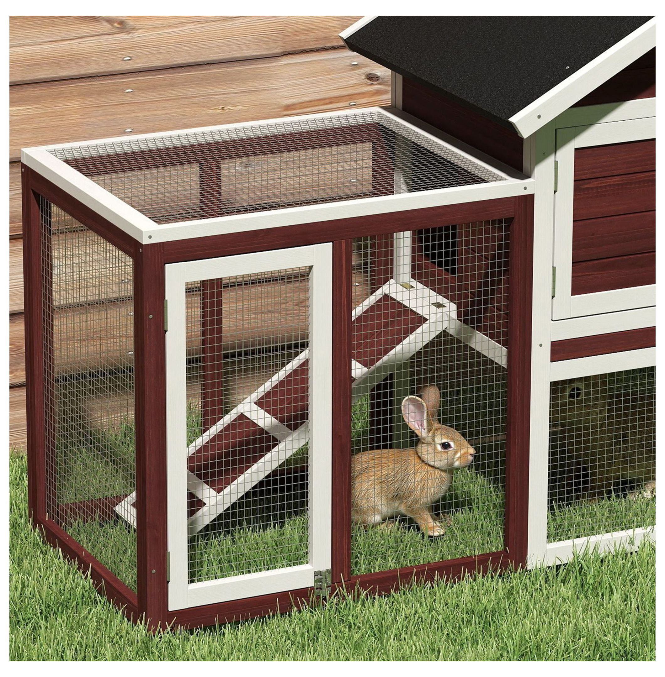 PawHut Large 48" Wooden Bunny Hutch with Weatherproof Asphalt Roof, Spacious Outdoor Rabbit Cage, Detachable Tray and Ramp, Natural Habitat, Brown