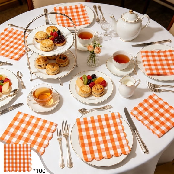 Gallickan Gingham Paper Napkins, Scalloped Disposable Cocktail Napkins, 25x25cm, 100ct, Orange Checkered for Summer BBQ Party, Picnic Table Setting
