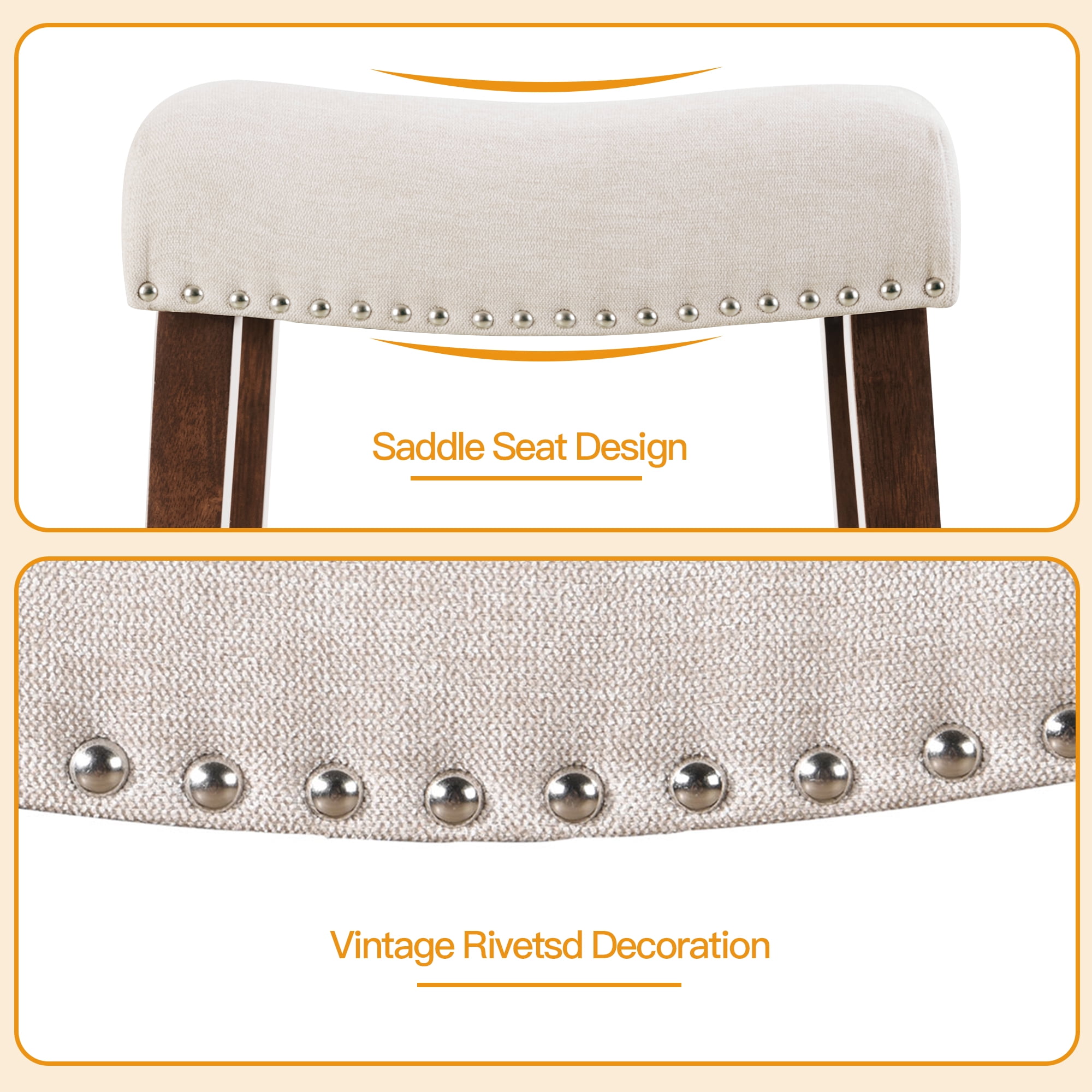 24 inch Bar Stools Set of 2 Linen Counter Height Kitchen Stools Curved Backless Saddle Barstools for Kitchen Island, Beige