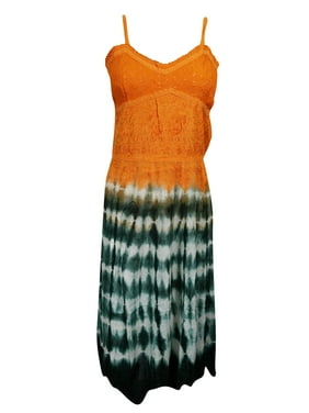 Mogul Womens Tie-Dye Embroidered Dress Tieback Sexy Dress Orange Green Dresses S/M