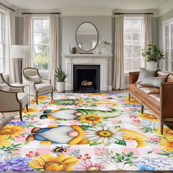 Area Rug for Living Room, Sunflowers Non-Slip Indoor Large Carpet for Bedroom/Dining Room, Spring Gnomes Hydrangea Daisy Flowers Pink Plaid Washable Low-Profile Rectangle Floor Runner Rugs - 5 x 8 Ft