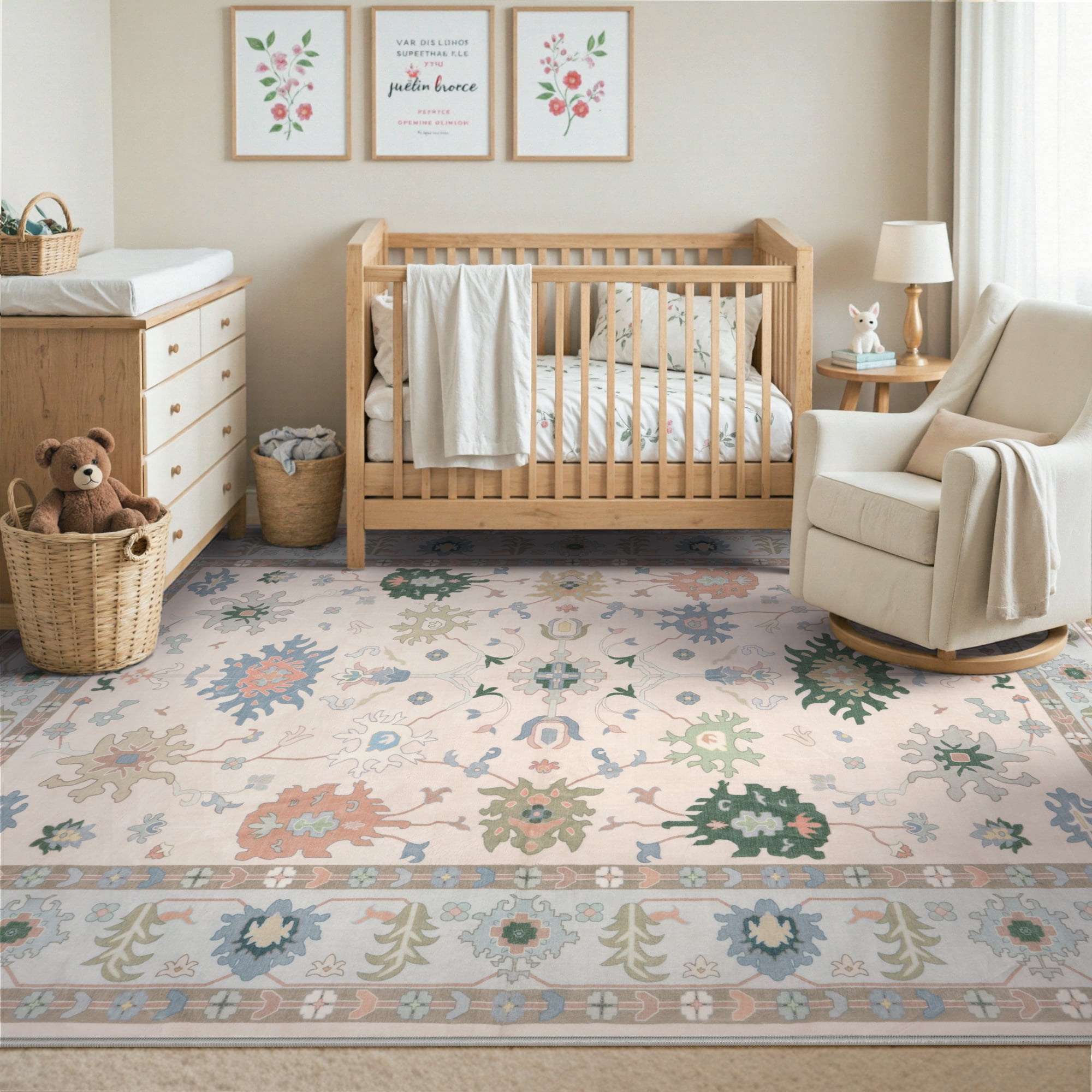 Lahome Decor 8'x10' Modern Oushak Washable Rugs,8x10ft Boho Area Rug for Living Room,Stain Resistant Soft Bedroom Rug, Ultra-Thin Cream Colorful Vintage Floral Rugs for Farmhouse Dining Room,Blue