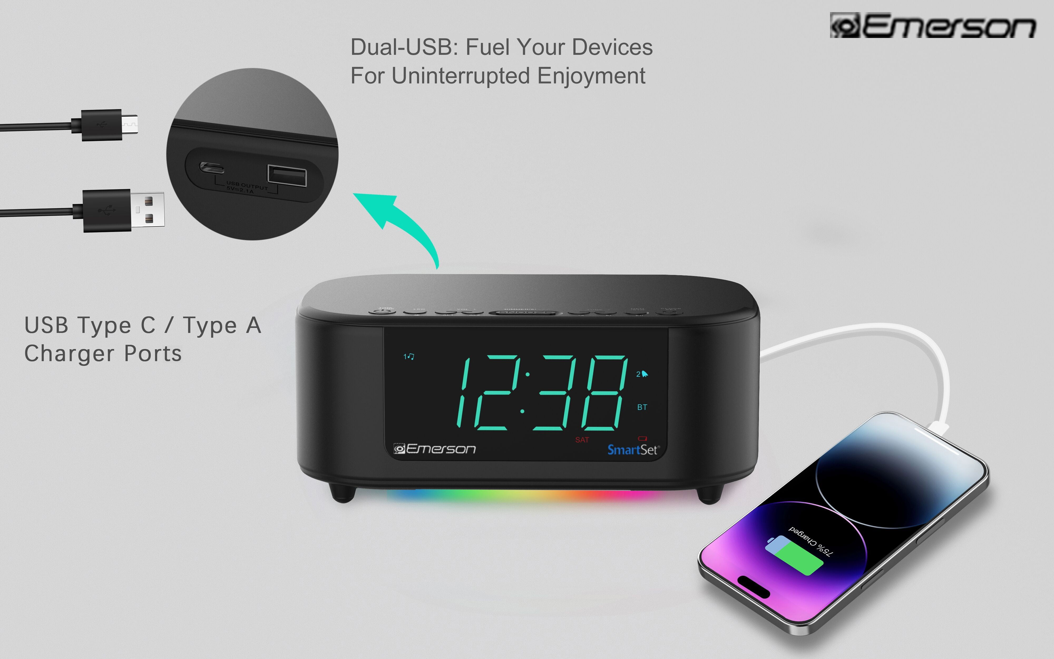 Emerson SmartSet Dual Alarm AM/FM Clock Radio, Bluetooth Speaker, Type C USB Port and 7 Color LED Pulse to Music Lights, CKS8888