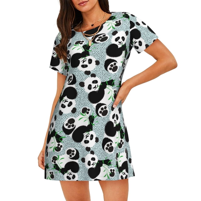 Balery Panda And Eucalyptus Camisón de manga corta con cuello redondo para mujer, cómodo y elegante.