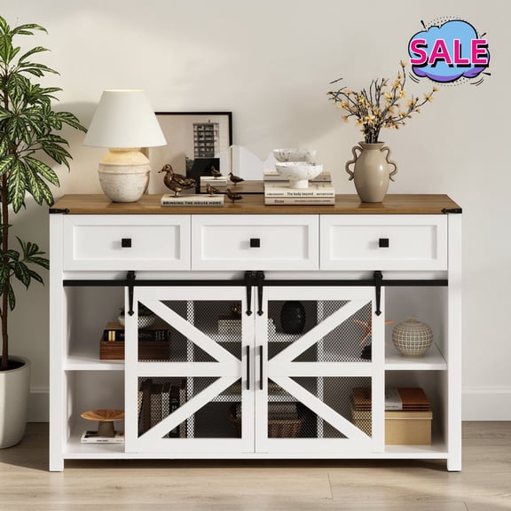 Hassch Sideboard Buffet Cabinet, Storage Cabinet with Sliding Bar Doors and Adjustable Shelves, 55" Coffee Bar Cabinet with 3 Drawers for Living Room, Dining Room, Hallway, White