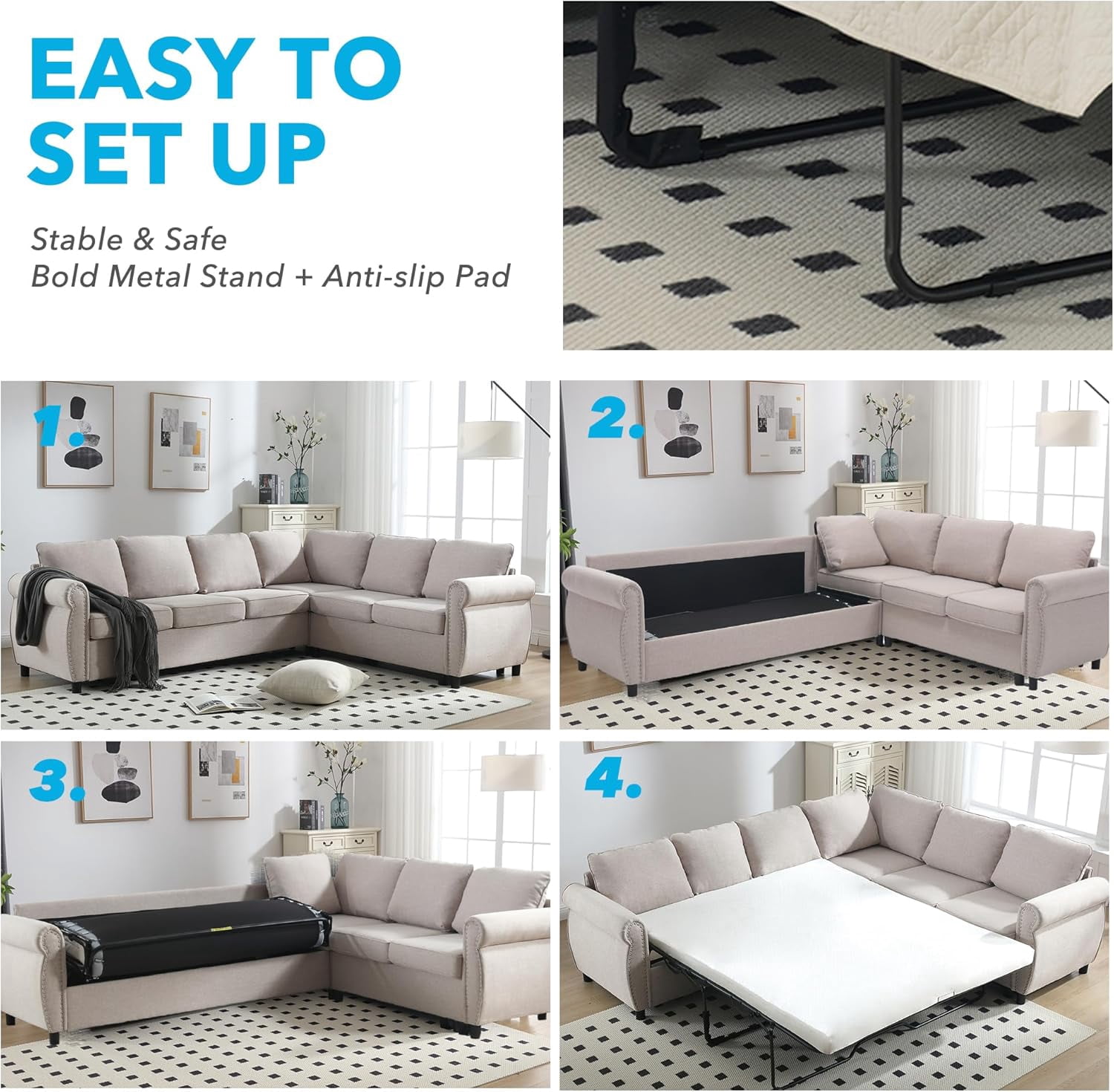 Sleeper Sofa Bed, Pull Out Couch with Mattress, 104'' 6 Seater Upholstery Sectional Couches, Modern Comfy L Shape Sofa Couch, Living Room Furniture for Living Room, Apartment, Studio, Beige