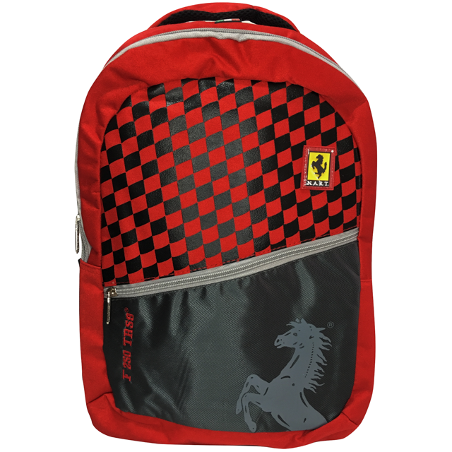 bolso mochila escolar necesser roja mochila con panel frontal de cuadros rojos y negros, bolsillo frontal diagonal con cierre gris y estampado de caballo, tres compartimentos con cierre, dos bolsillos laterales para botellas y espacio para laptop; etiqueta de marca Necesser en amarillo.
