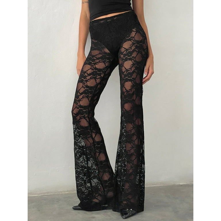 Sunisery Flare Pants with Sheer Lace Leggings and High Waist 