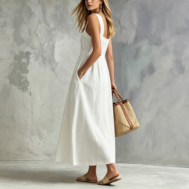 beach cotton dresses Lcziwo Linen for Women Casual Summer Vacation Sundress Square Neck Buttons Pleated Maxi Dress with Pockets White,XXXL this flowy boho dress roaring 20s fashion Women’s Cotton Striped Shirt Collection:Seaside Covers - White