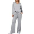 thumbnail image 2 of HOWPAY Womens 2 Piece Outfits Long Sleeve V Neck Solid Color T-Shirt Wide Leg Pants Lounge Sets Lightweight Casual Y2K Sweatsuits Grey S, 2 of 6