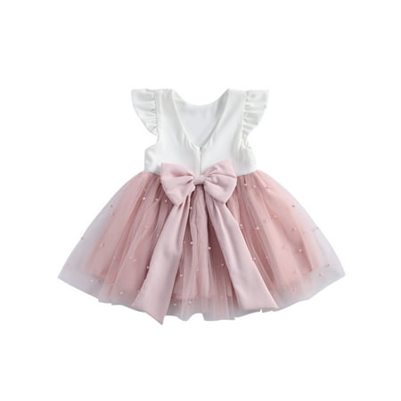 

ZIYIXIN Toddler Baby Girls Princess Beading Dress Bowknot Tulle Ruffle Sleeve V-Back Party Clothes Pink 2-3 Years