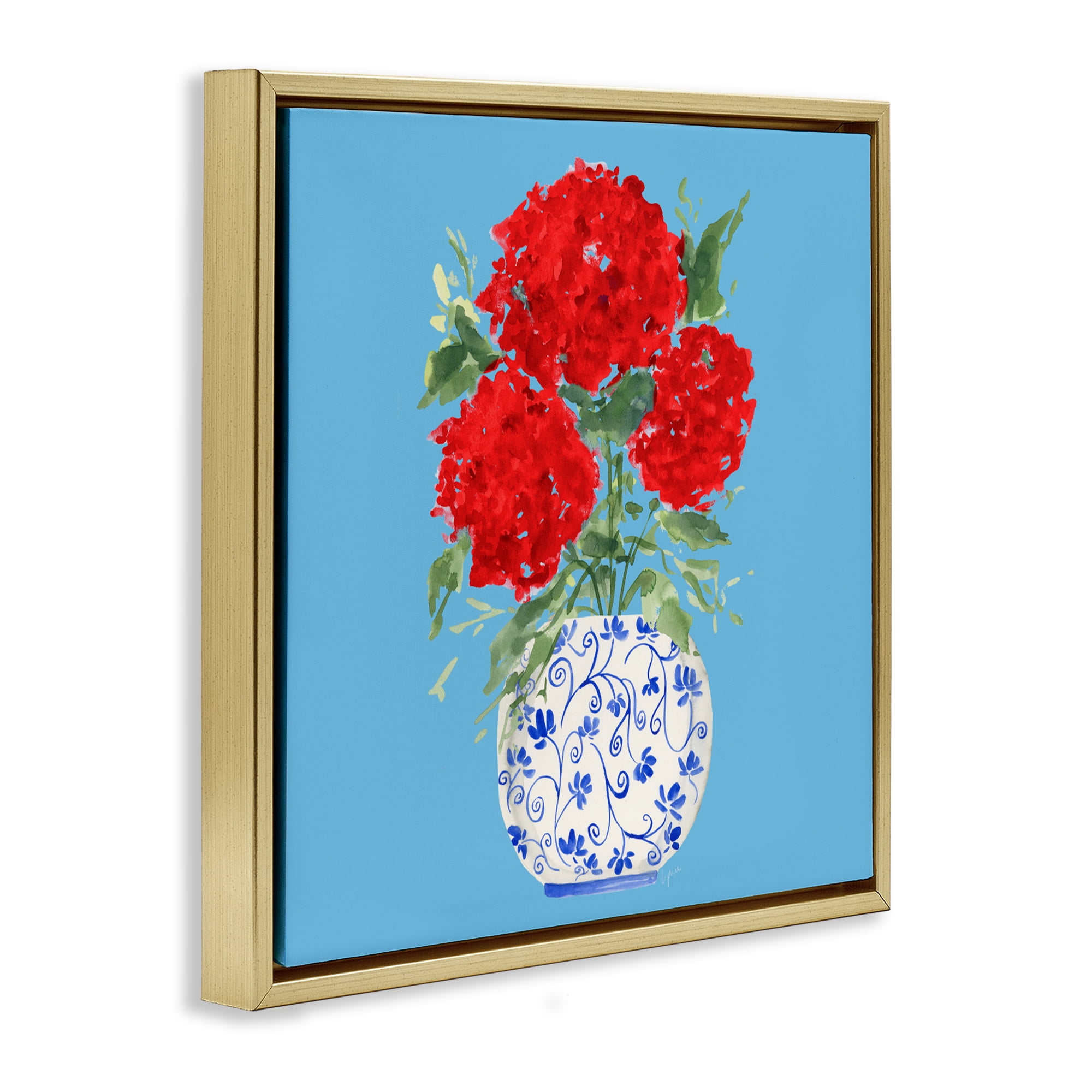 Stupell Industries Bold Red Hydrangea Trio Gold Framed Floater Canvas Wall Art, design by Lucille Price