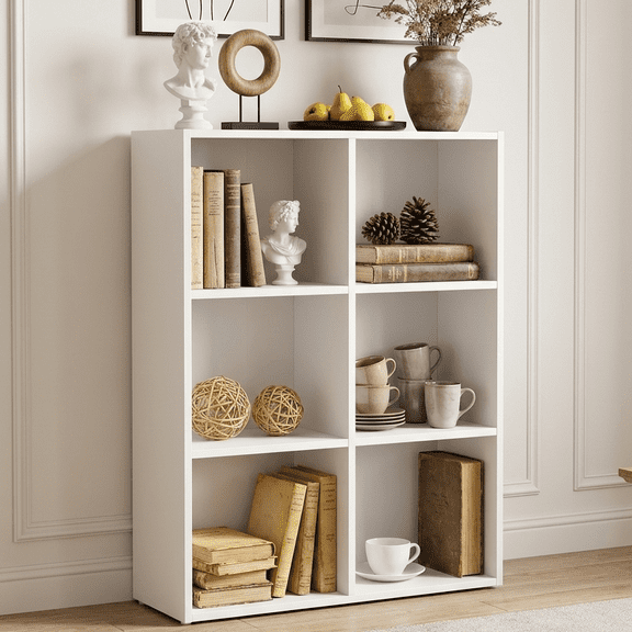 LEDREM 6 Cube Bookshelf with Open Storage Organizer, Bookcase and Display Shelf for Living Room Home Office Dining Room, Cloud White