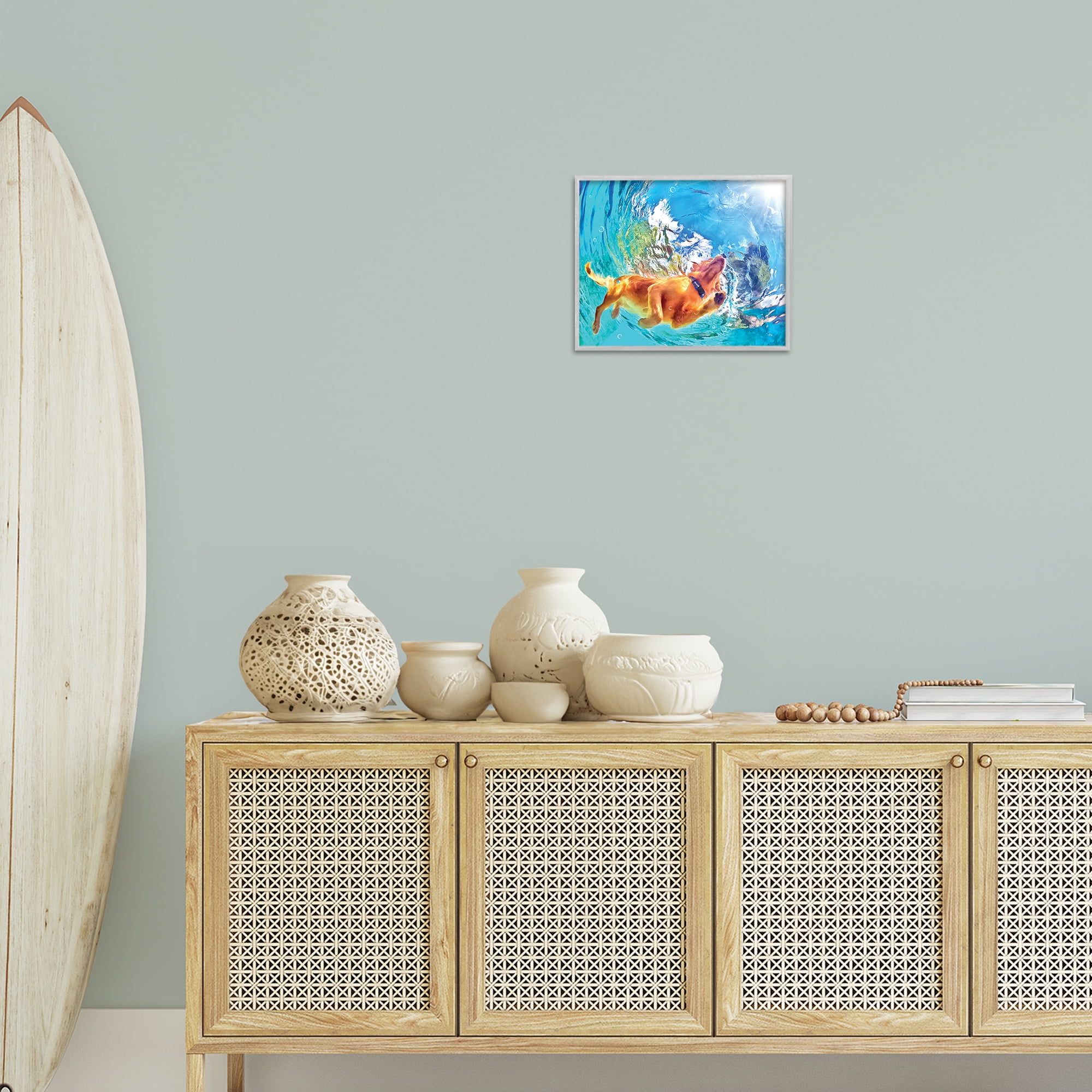 Stupell Industries Underwater Swimming Dog Animals & Insects Painting Gray Framed Art Print Wall Art, 14 x 11