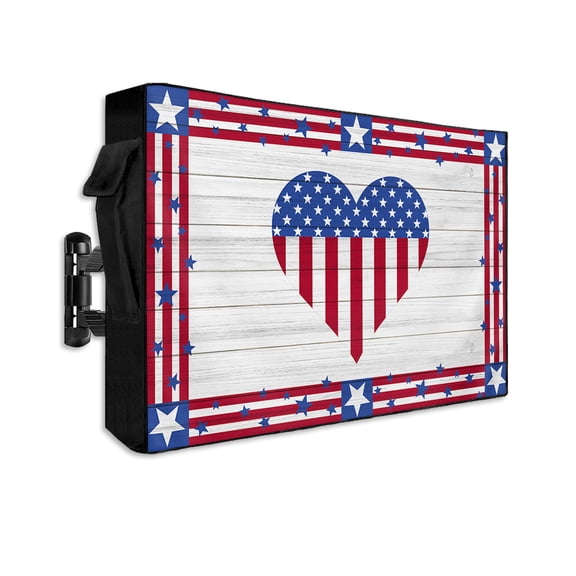 American Flag Love Heart Outdoor TV Cover 52 to 55 Inch Weatherproof, Wooden Independence Day 600D Oxford TV Covers with Waterproof Zipper, Outside Flat TV Screen Protector 52"Wx19"Hx4.5"D