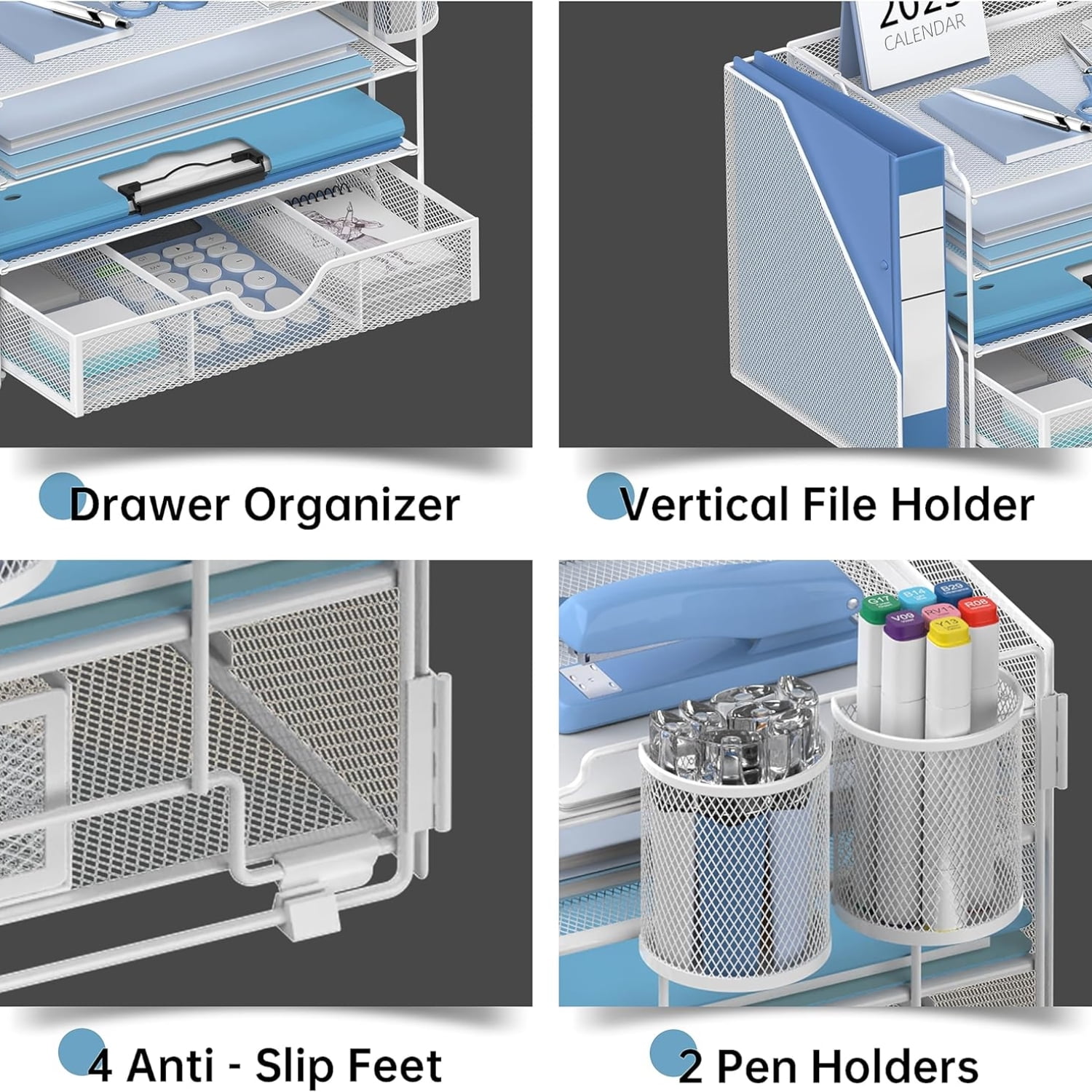 INTIGE 4-Tier Desk File Organizer with File Holder, Drawer, Pen Holders and Handle, White