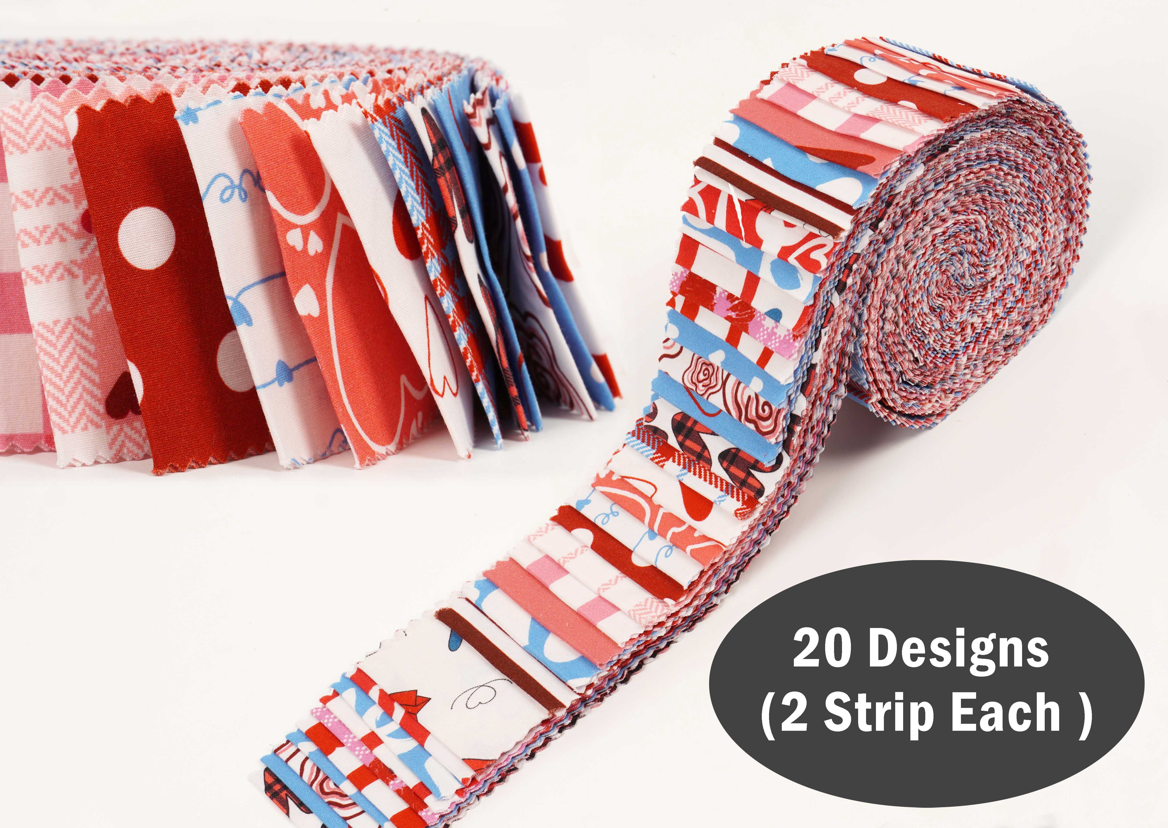 Soimoi 40Pcs Valentine Print Cotton Precut Fabrics For Quilting Craft Strips 2.5x42 inches Jelly Roll - Pink-White-Blue & Red