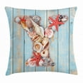 thumbnail image 1 of Letter Y Throw Pillow Cushion Cover, Aquatic Typography with Y Blue Vertical Planks Starfishes Scallops, Decorative Square Accent Pillow Case, 20 X 20 Inches, Pale Blue Ivory Dark Coral, by Ambesonne, 1 of 2