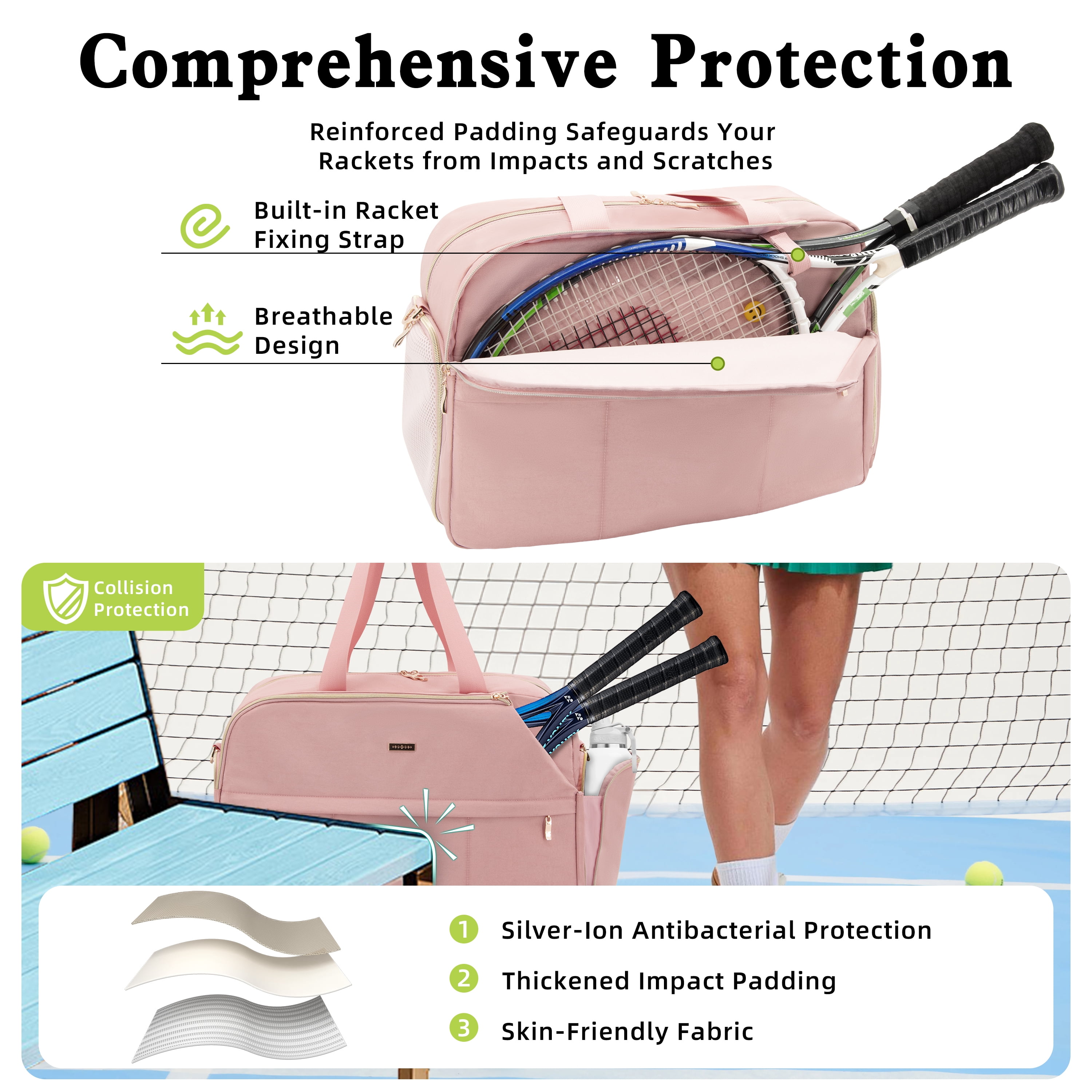 Tennis Bag for Women, Large Tennis Racket Bag Fits 2 Racquets, Pickleball Gym Sports Tote, Pink