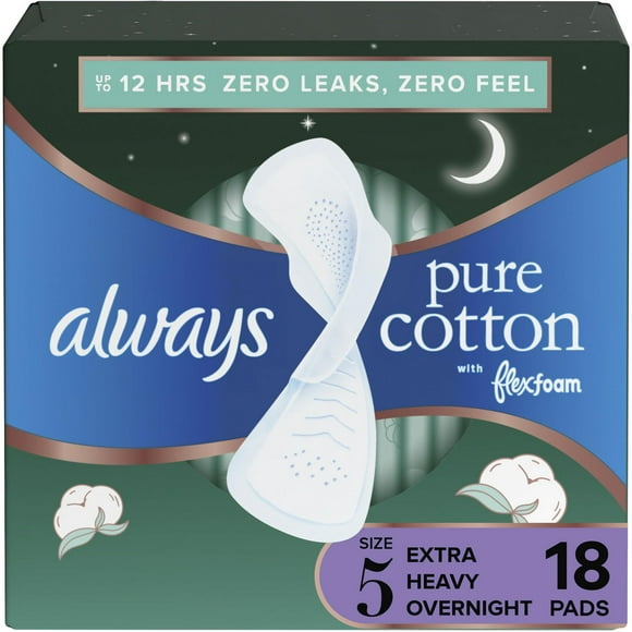 Always Pure Cotton Feminine Pads for Women, Size 5, Extra Heavy Overnight, with wings, Unscented, 18CT