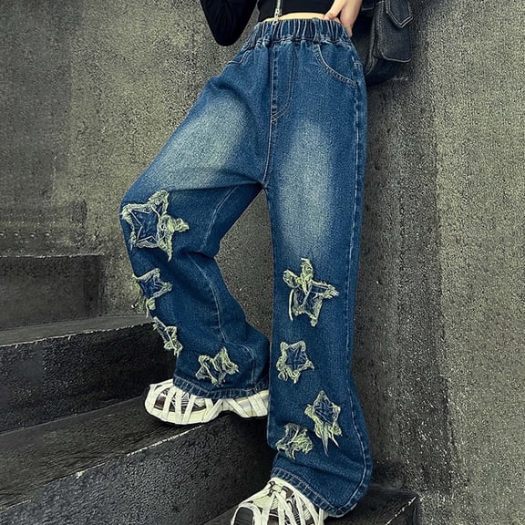 KidsGirls' Fashion Jeans Elastic High Waist Ripped Wide Leg Jean Denim Pants Teen ClothingGirls' Fashion 16-17 Years Girls Fashion
